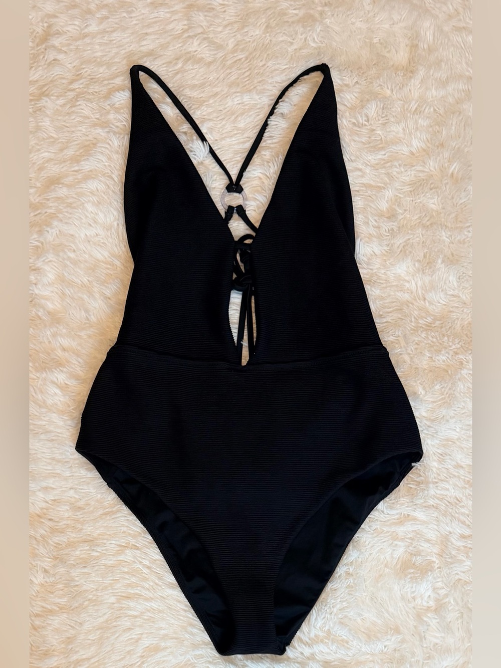 prAna Black Ribbed Plunge One Piece Swimsuit Size M
